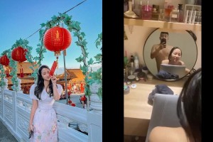 Da trắng dáng ngon chơi em trước trên bàn trang điểm | da trắng